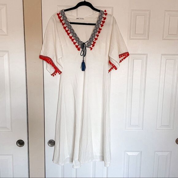 Zara Boho Pom Pom Tassel Midi Dress White S - Picture 9 of 15
